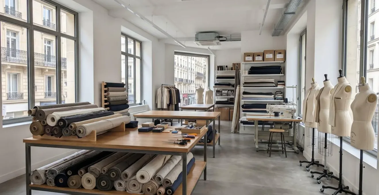 Vue en grand angle d'un atelier de tailleur parisien contemporain vide, avec tables de coupe, rouleaux de tissus et mannequins de couture, baigné de lumière naturelle