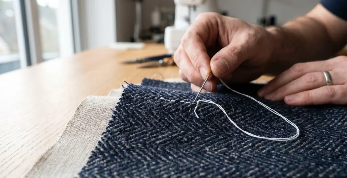 Gros plan sur un tissu en laine avec une aiguille et du fil, une main floue d'artisan en arrière-plan travaillant l'entoilage
