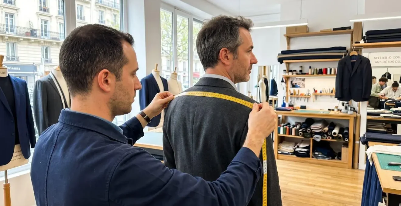 Un tailleur mesure les épaules d'un client dans un atelier lumineux à Paris, vu par-dessus l'épaule du professionnel