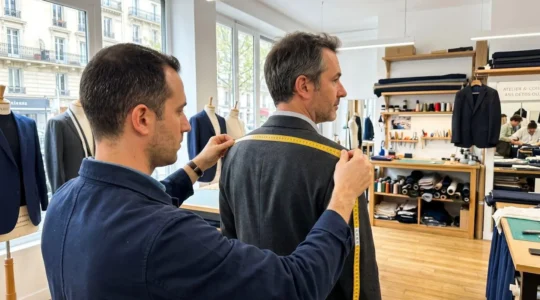 Un tailleur mesure les épaules d'un client dans un atelier lumineux à Paris, vu par-dessus l'épaule du professionnel