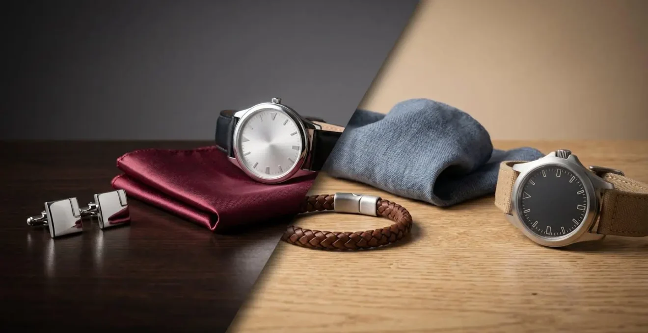 Mise en scène contrastant accessoires formels et décontractés selon les occasions