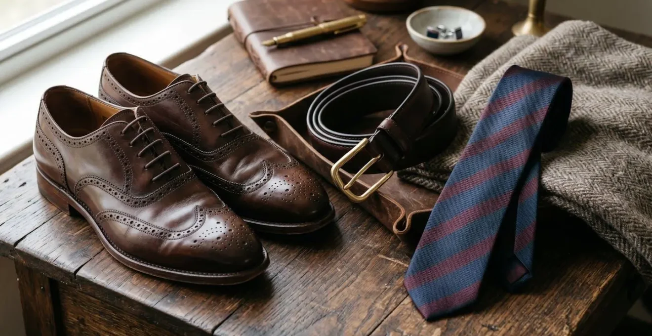 Composition symbolique d'accessoires masculins classiques disposés avec harmonie des proportions : cravate, ceinture et chaussures