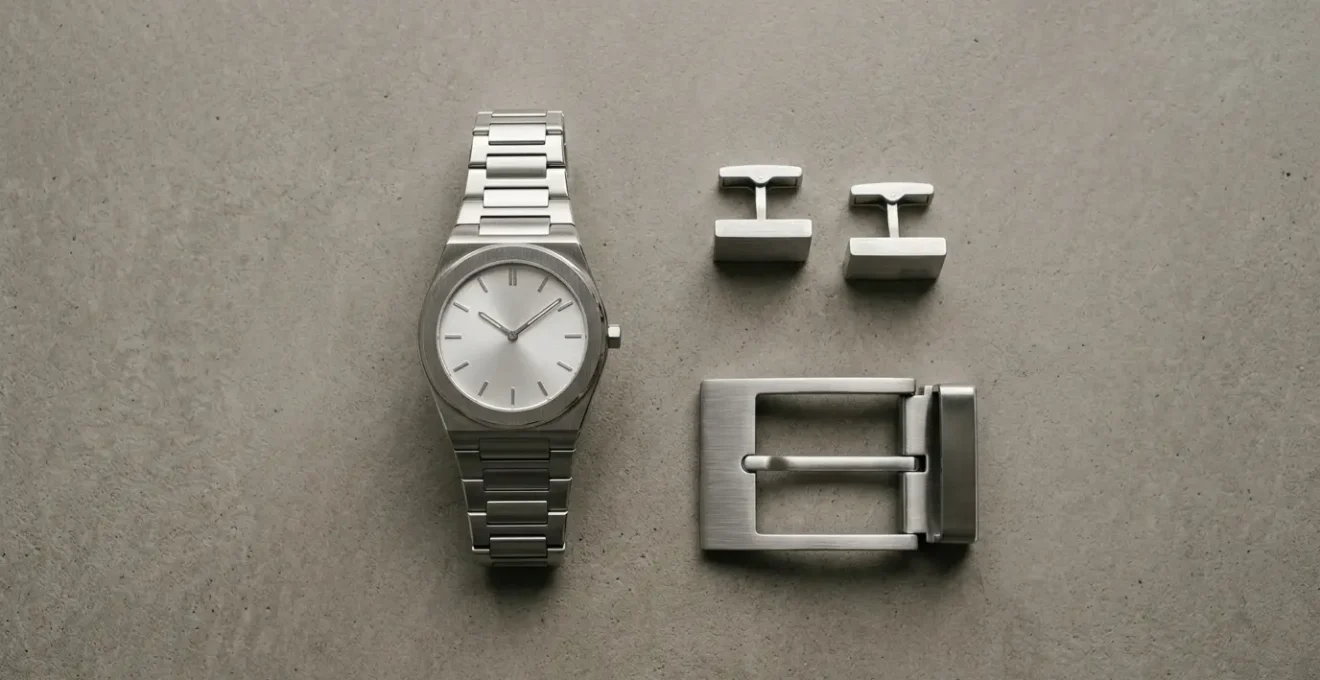 Composition élégante d'accessoires masculins en métal brossé sur fond minimaliste