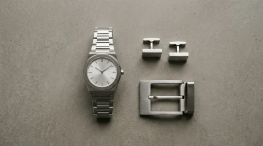 Composition élégante d'accessoires masculins en métal brossé sur fond minimaliste