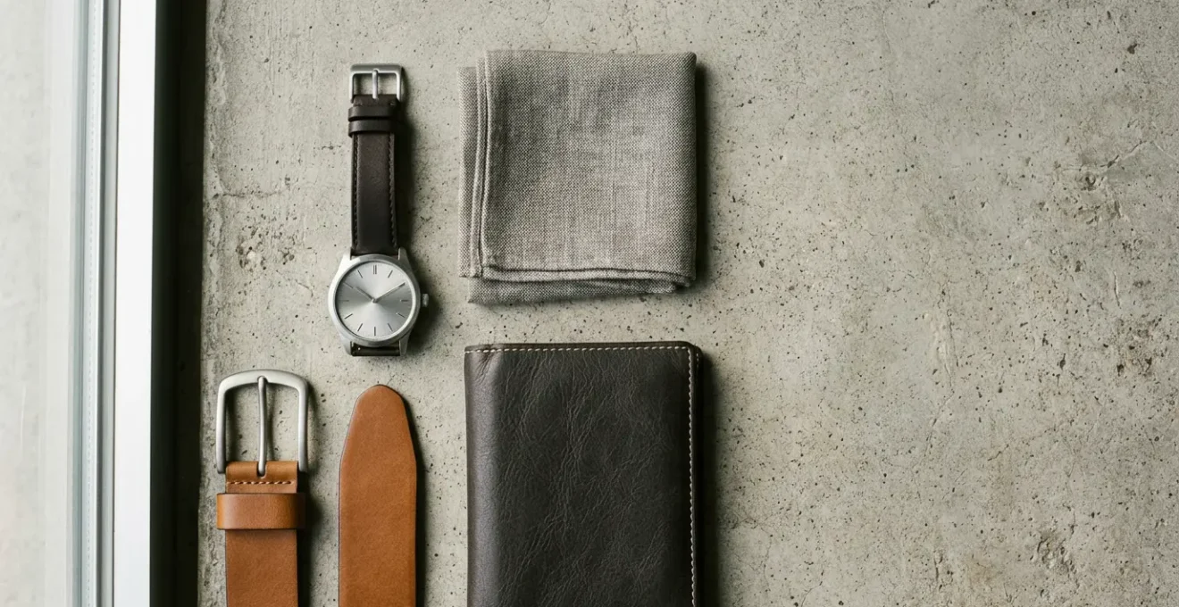 Composition élégante d'accessoires masculins intemporels disposés sur fond minimaliste