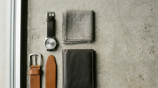 Composition élégante d'accessoires masculins intemporels disposés sur fond minimaliste