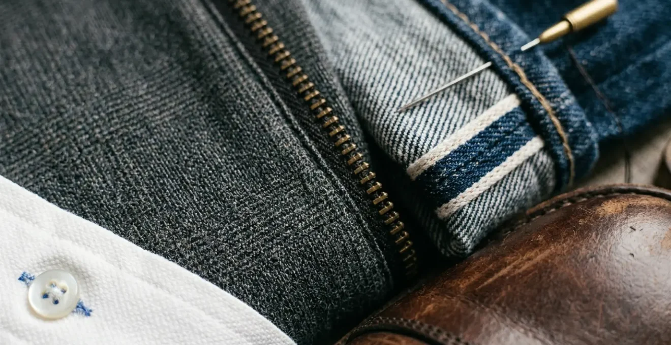 Gros plan sur des détails textiles et matières de vêtements masculins avec des accessoires de réparation et entretien
