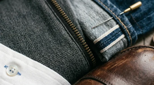 Gros plan sur des détails textiles et matières de vêtements masculins avec des accessoires de réparation et entretien