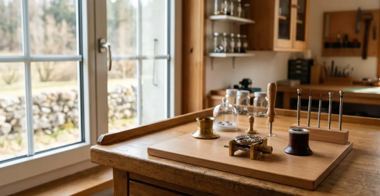 Vue d'atelier d'horlogerie montrant l'environnement de travail artisanal et les outils de précision