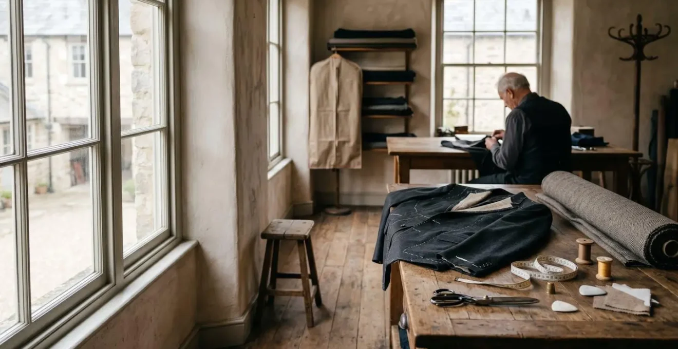 Vue d'ensemble d'un atelier de tailleur montrant le processus d'entoilage traditionnel d'une veste de costume
