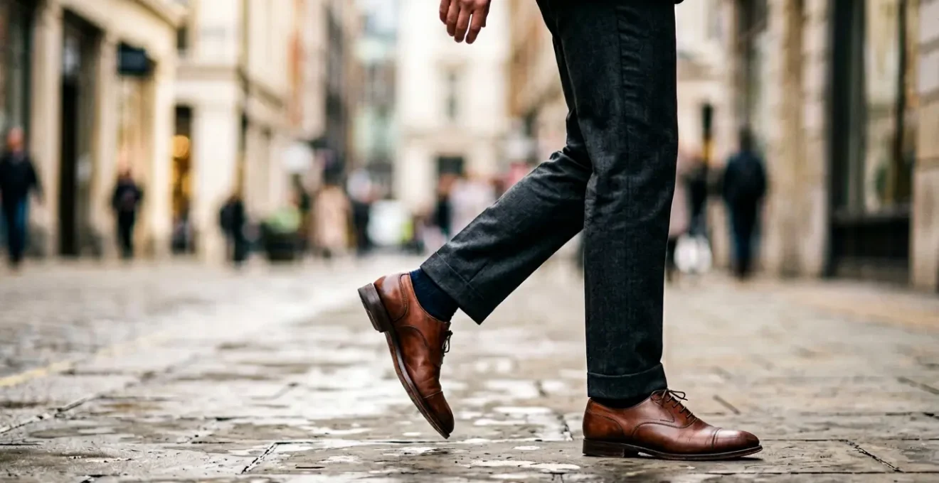 Homme d'affaires en déplacement urbain avec des chaussures de ville élégantes en cuir