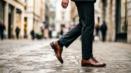 Homme d'affaires en déplacement urbain avec des chaussures de ville élégantes en cuir