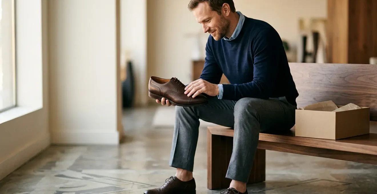 Homme élégant essayant des chaussures de ville en cuir dans un environnement épuré avec lumière naturelle