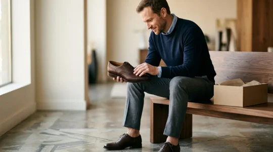 Homme élégant essayant des chaussures de ville en cuir dans un environnement épuré avec lumière naturelle