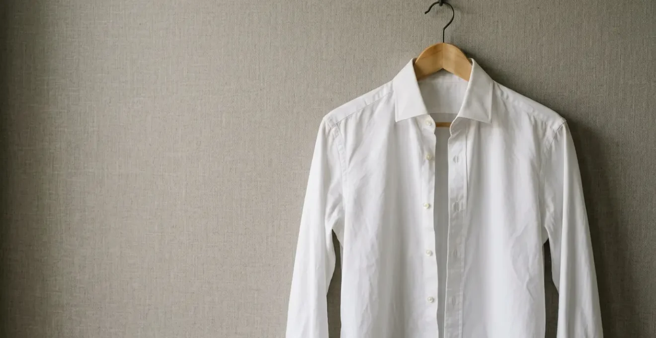 Chemise blanche masculine suspendue avec composition épurée et lumière naturelle douce