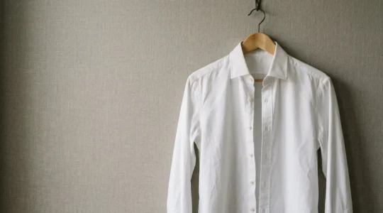 Chemise blanche masculine suspendue avec composition épurée et lumière naturelle douce