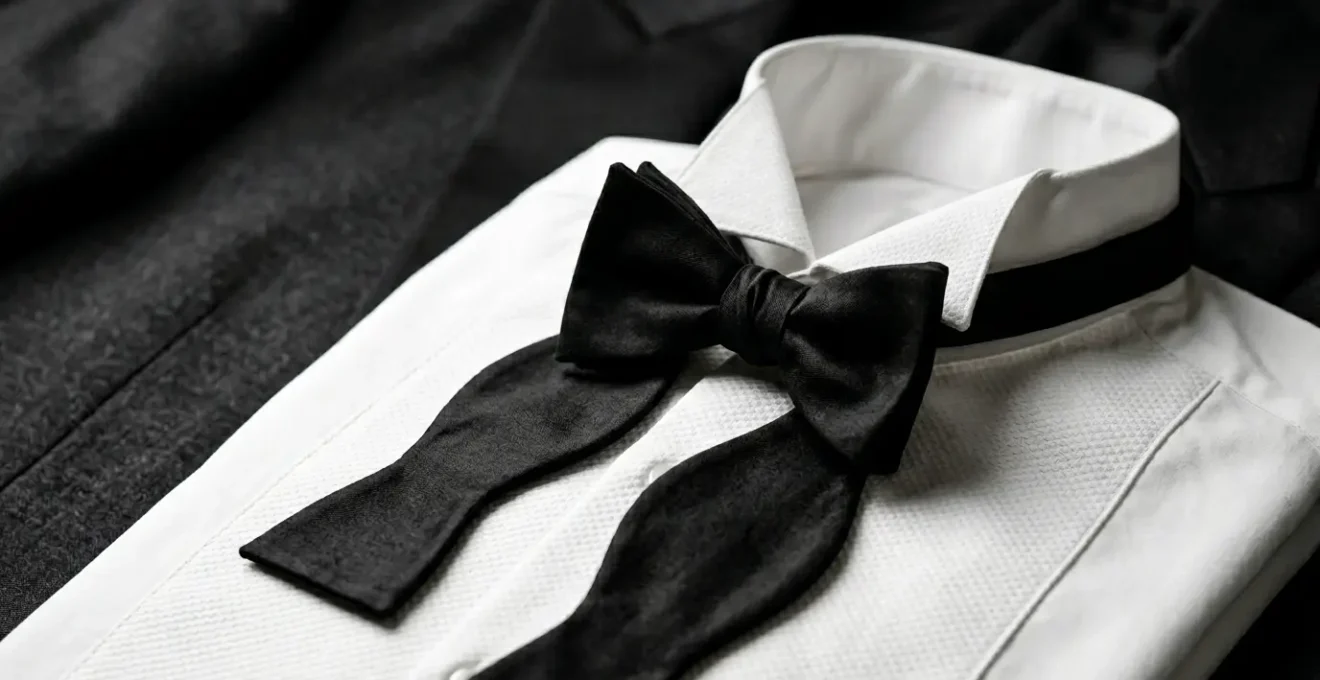 Chemise formelle blanche avec col cassé et nœud papillon noir dans un environnement élégant