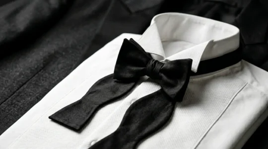 Chemise formelle blanche avec col cassé et nœud papillon noir dans un environnement élégant