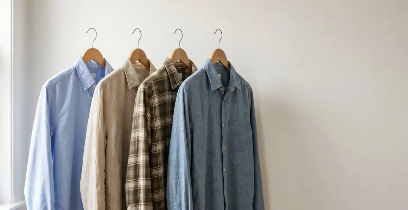 Rangée de chemises casual de différentes matières suspendues sur cintres en bois