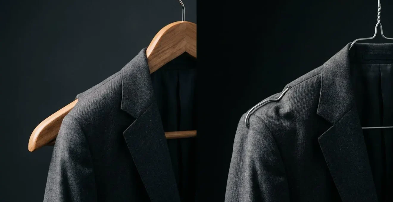 Détail symbolique d'un cintre en bois de qualité soutenant une veste de costume avec lumière dramatique
