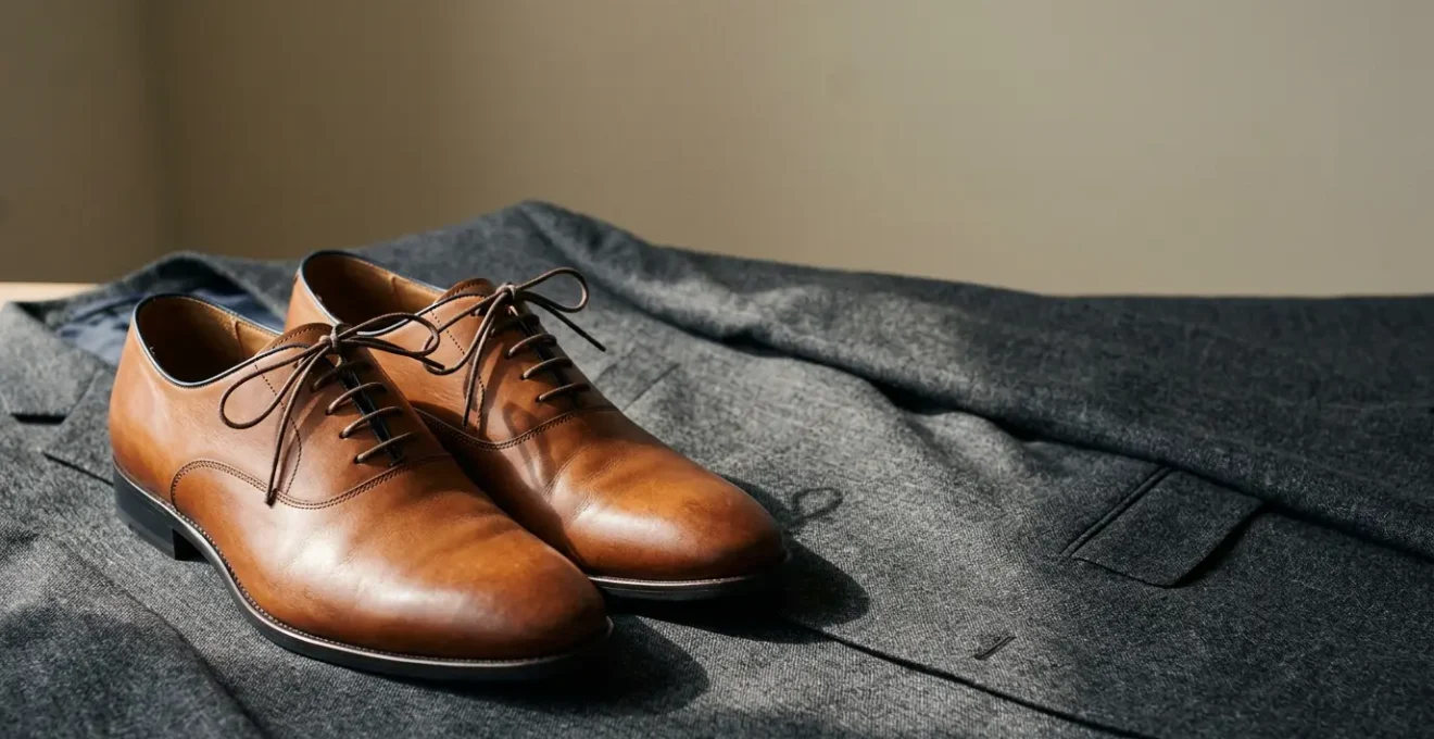 Composition éditoriale sophistiquée illustrant l'harmonie entre chaussures habillées en cuir et costume masculin