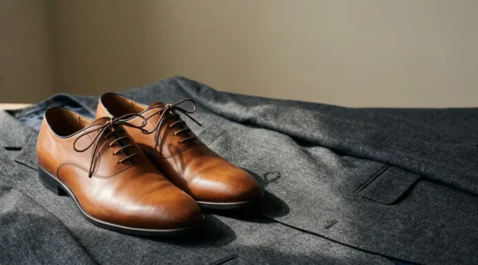 Composition éditoriale sophistiquée illustrant l'harmonie entre chaussures habillées en cuir et costume masculin