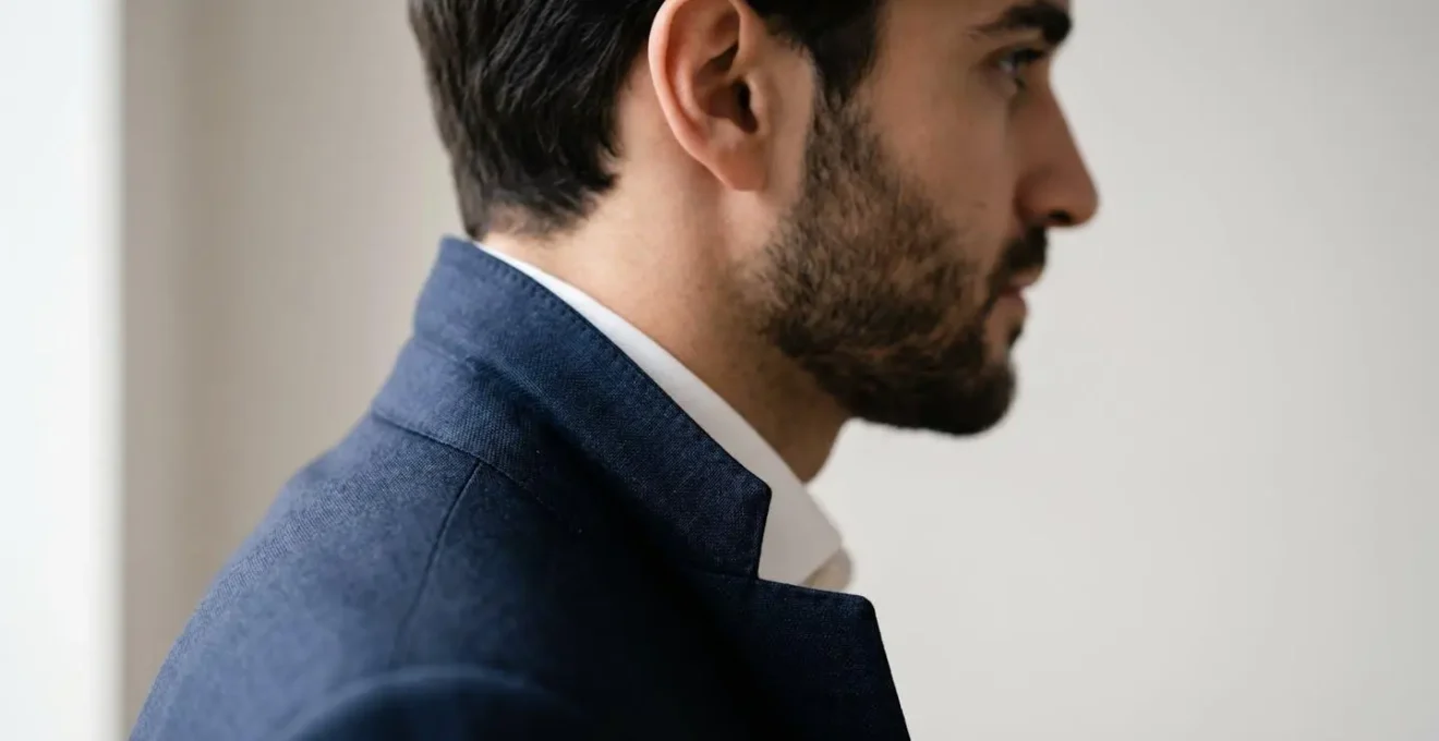 Vue de profil montrant le roulé naturel du col d'un costume de qualité créant l'effet sourire caractéristique