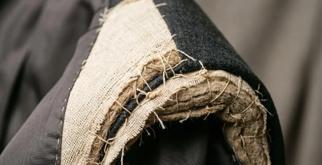 Contraste visuel entre une épaule de costume montée à la main et une épaule thermocollée
