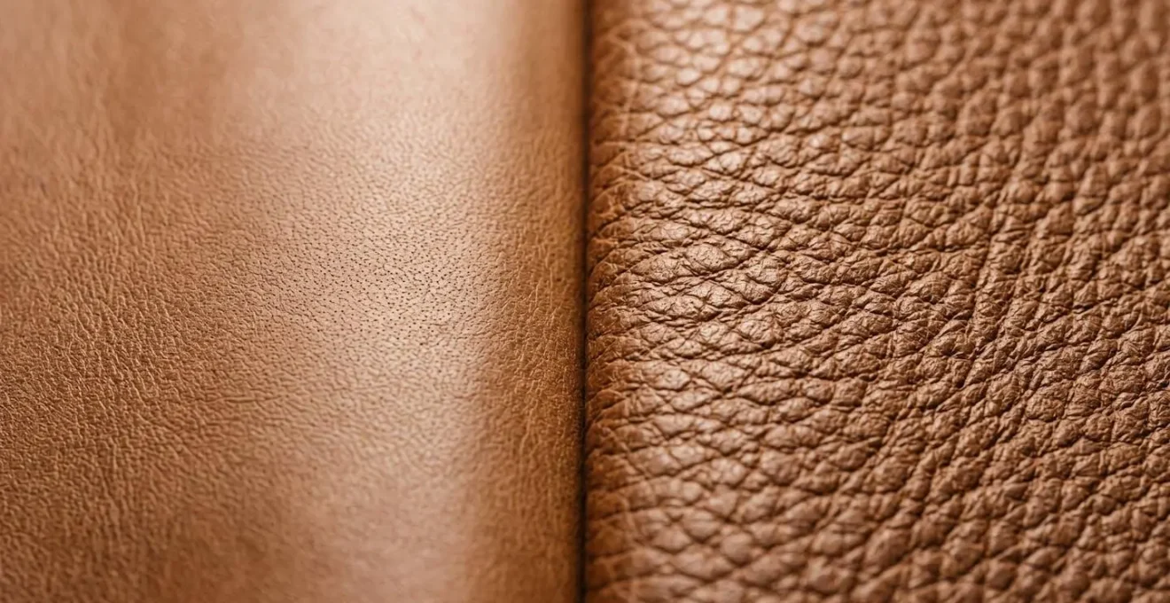 Gros plan sur différentes textures de cuir pour derby montrant grain lisse et grain texturé
