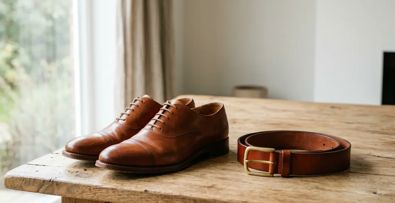 Détail élégant montrant une ceinture en cuir et des chaussures pour homme parfaitement coordonnées
