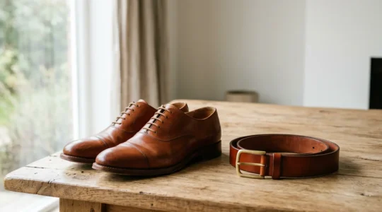 Détail élégant montrant une ceinture en cuir et des chaussures pour homme parfaitement coordonnées