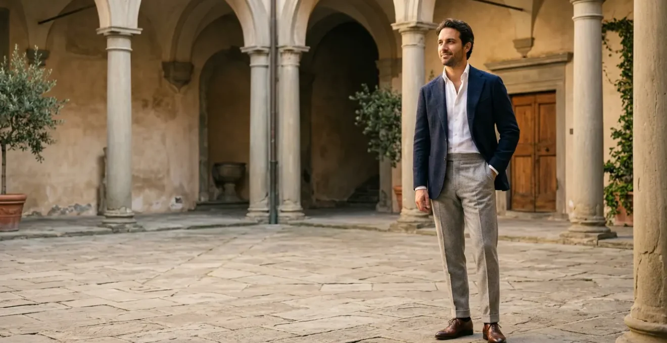 Homme élégant portant un costume dépareillé avec veste et pantalon coordonnés, dans un style sartorial raffiné