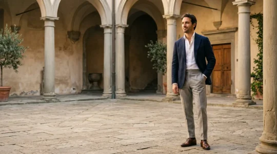 Homme élégant portant un costume dépareillé avec veste et pantalon coordonnés, dans un style sartorial raffiné