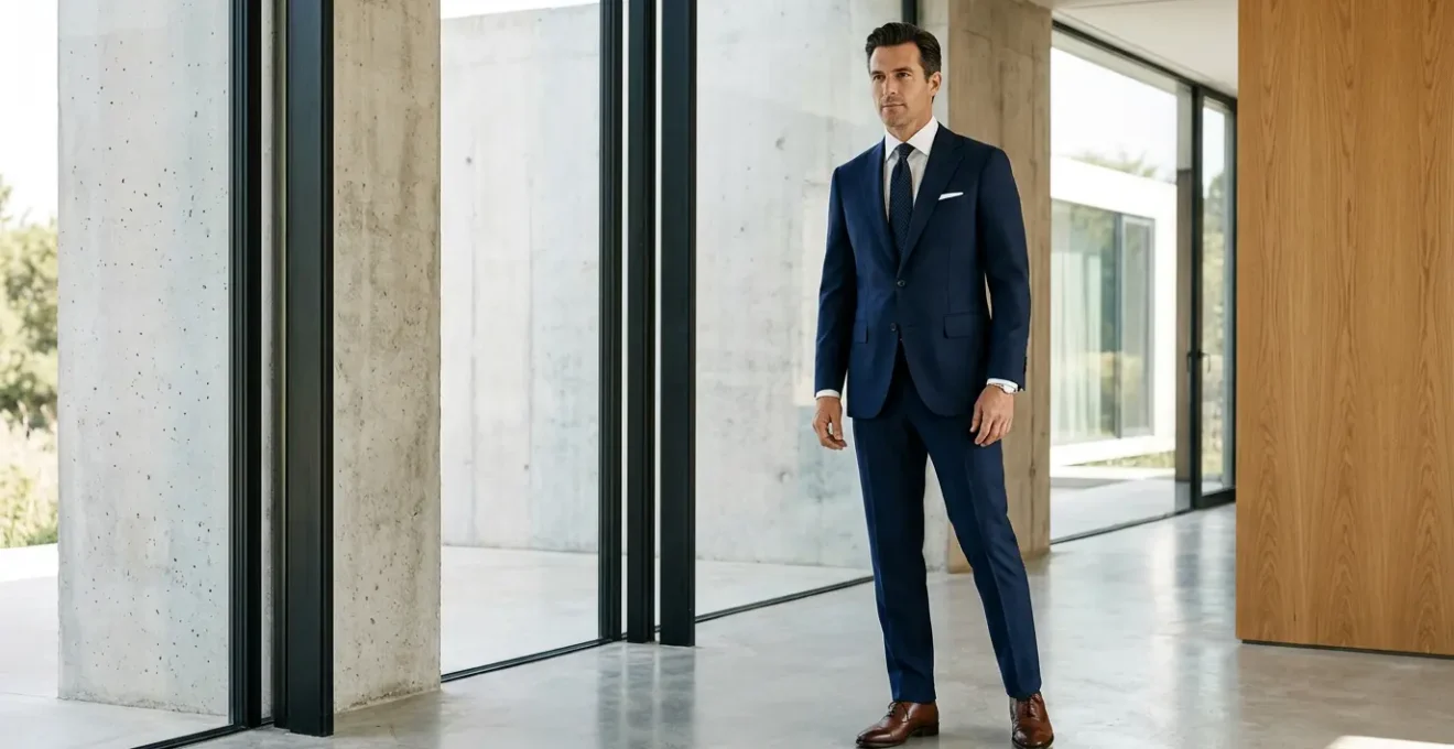 Homme élégant en costume bleu marine intemporel avec détails architecturaux et éclairage naturel
