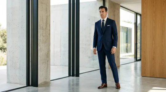 Homme élégant en costume bleu marine intemporel avec détails architecturaux et éclairage naturel