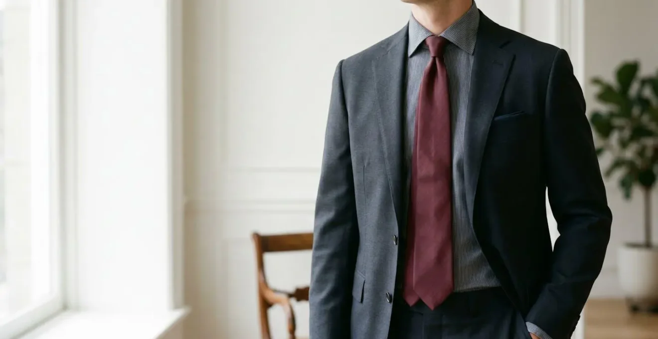 Détail élégant d'une cravate en soie haut de gamme portée avec un costume sur-mesure