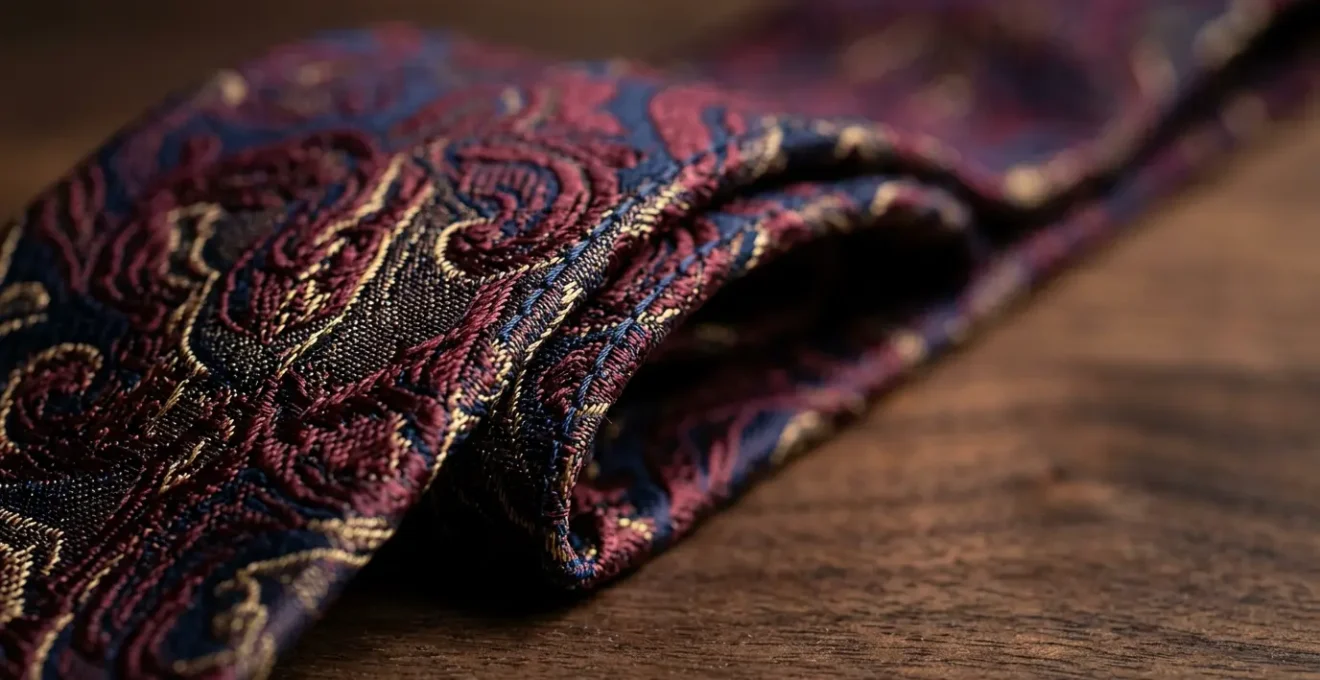 Gros plan détaillé d'une cravate en soie jacquard de qualité supérieure avec son tissage relief