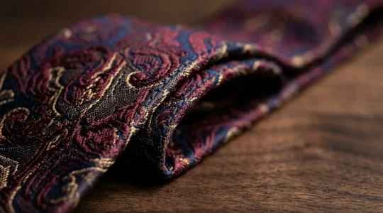 Gros plan détaillé d'une cravate en soie jacquard de qualité supérieure avec son tissage relief