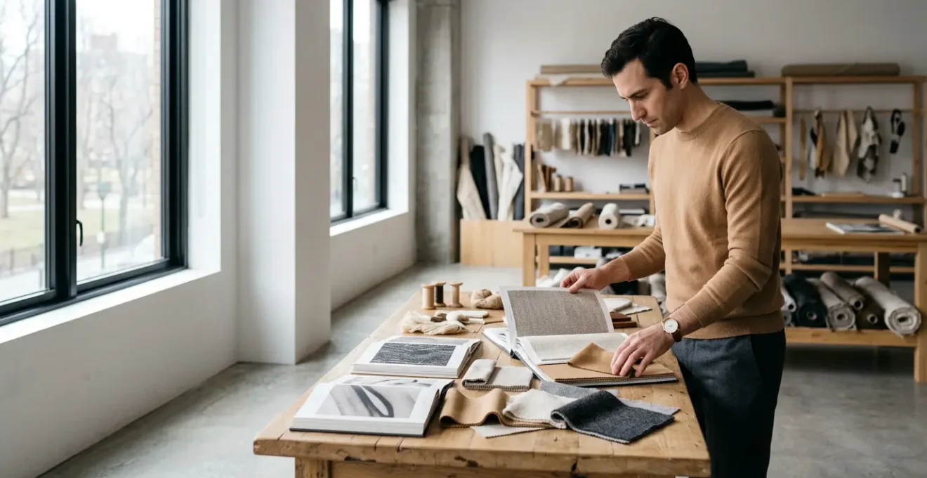Homme consultant des archives mode dans un atelier de création contemporain éclairé naturellement