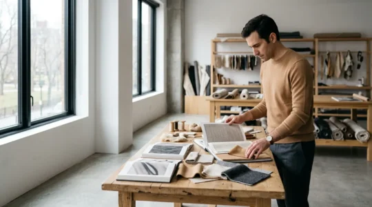 Homme consultant des archives mode dans un atelier de création contemporain éclairé naturellement