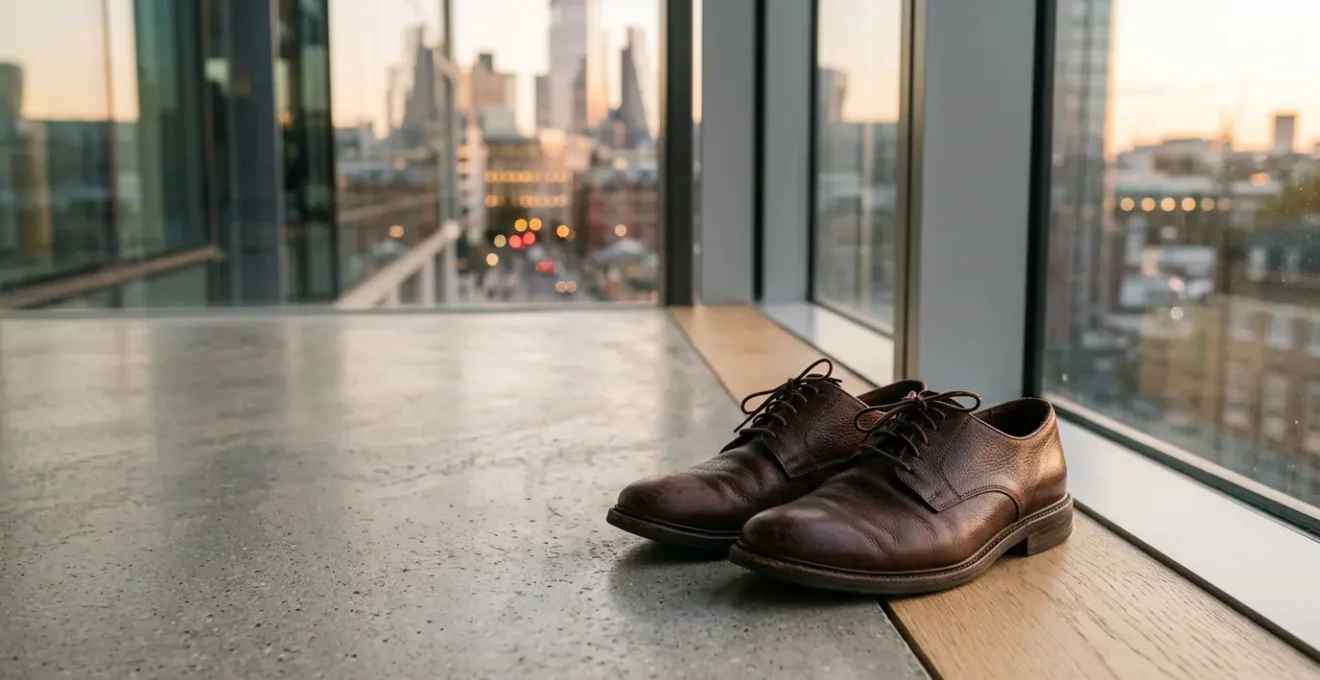 Derby en cuir marron sur fond minimaliste avec eclairage naturel symbolisant la polyvalence jour-nuit