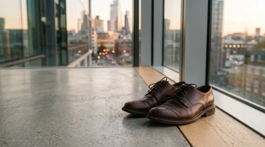 Derby en cuir marron sur fond minimaliste avec eclairage naturel symbolisant la polyvalence jour-nuit