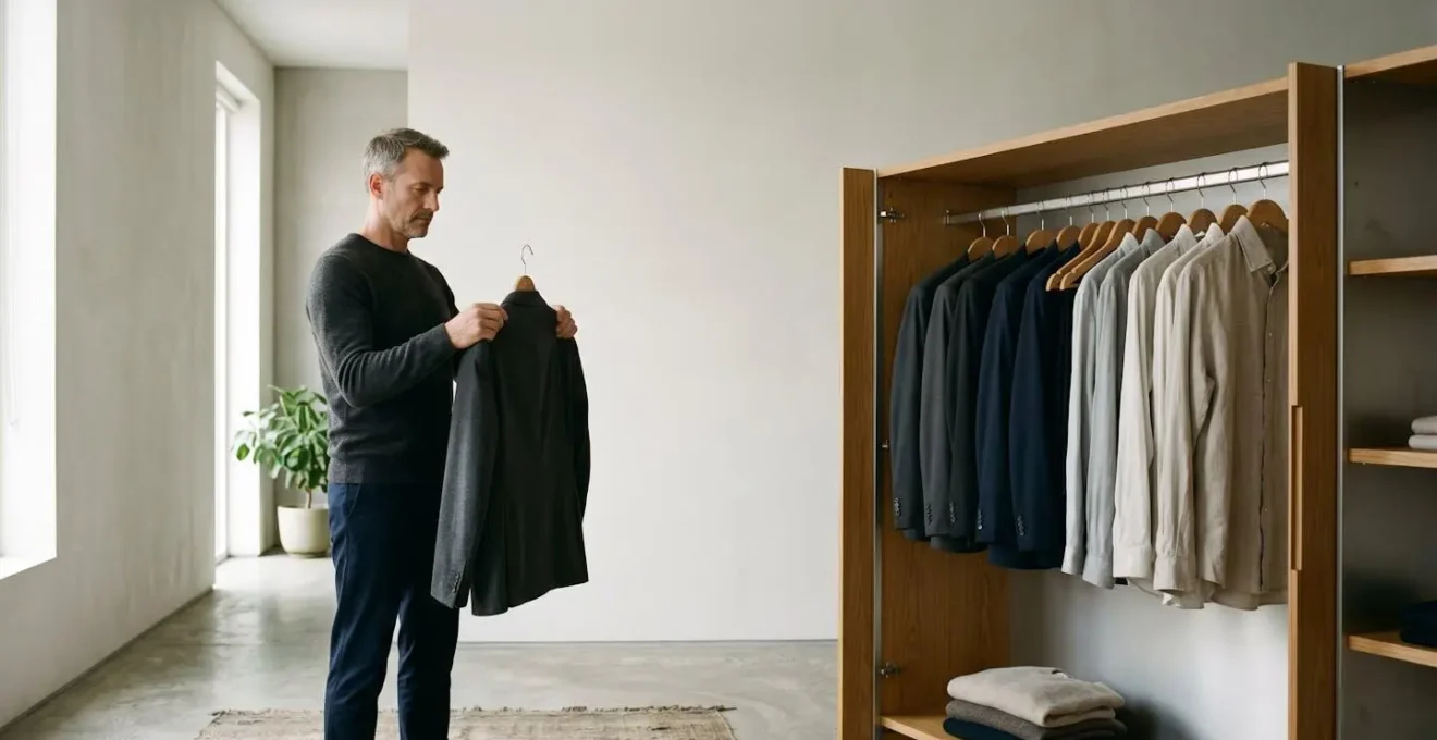 Homme mature devant son dressing réfléchissant au tri de sa garde-robe