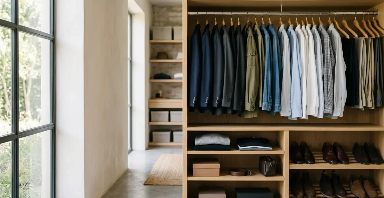 Dressing masculin parfaitement organisé avec vêtements suspendus sur cintres en bois, disposition claire et méthodique