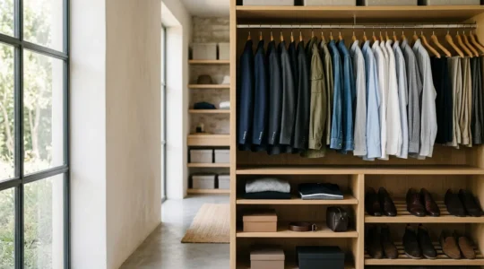 Dressing masculin parfaitement organisé avec vêtements suspendus sur cintres en bois, disposition claire et méthodique