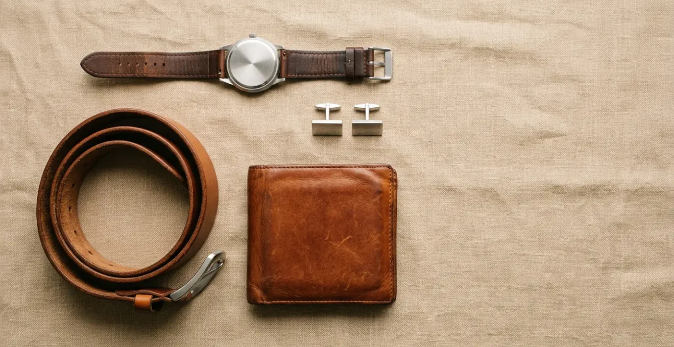 Composition élégante d'accessoires masculins épurés sur fond neutre
