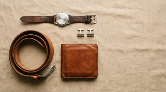 Composition élégante d'accessoires masculins épurés sur fond neutre