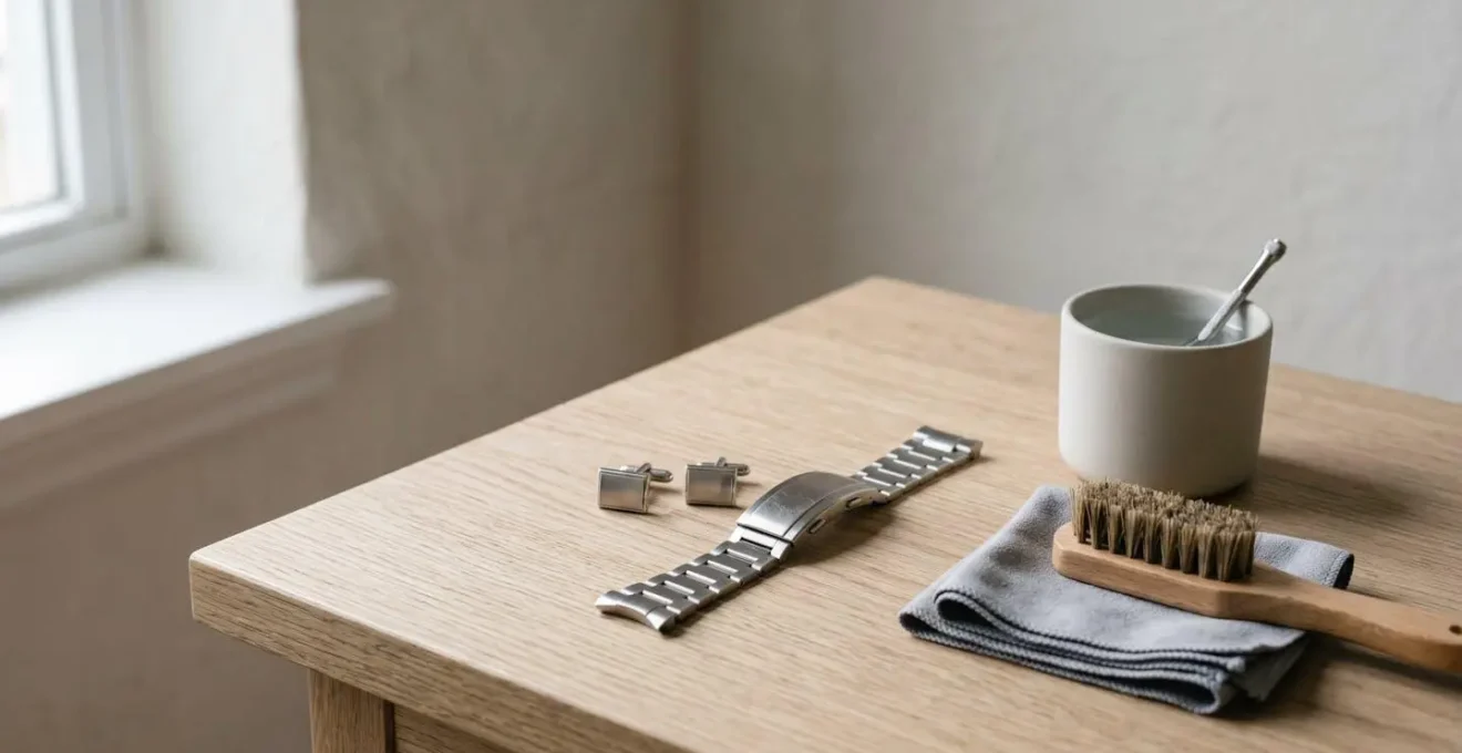 Mise en scène minimaliste d'outils d'entretien pour accessoires en métal brossé