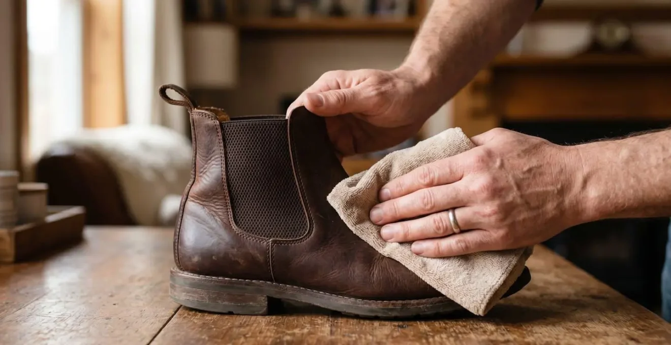 Gros plan sur la bande elastique laterale d'une Chelsea boot montrant la texture et les fibres