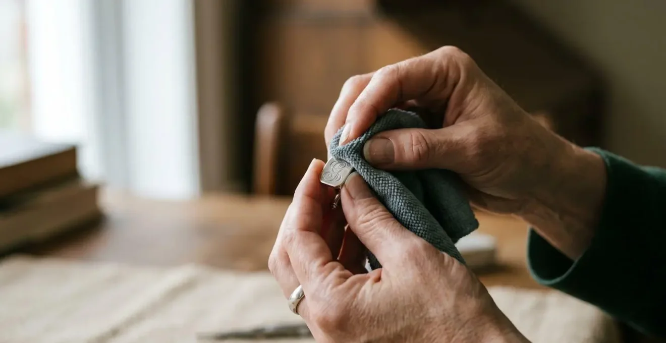 Nettoyage délicat d'un bijou en argent sterling avec un chiffon microfibre spécialisé